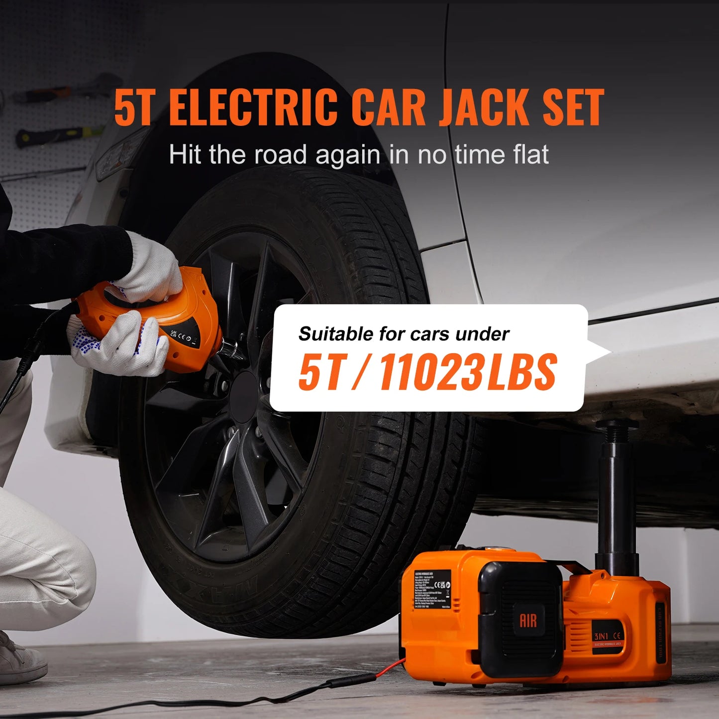 VEVOR 5T Electric Car Jack, Hydraulic Jack with Electric Impact Wrench, Built-in Inflatable Pump