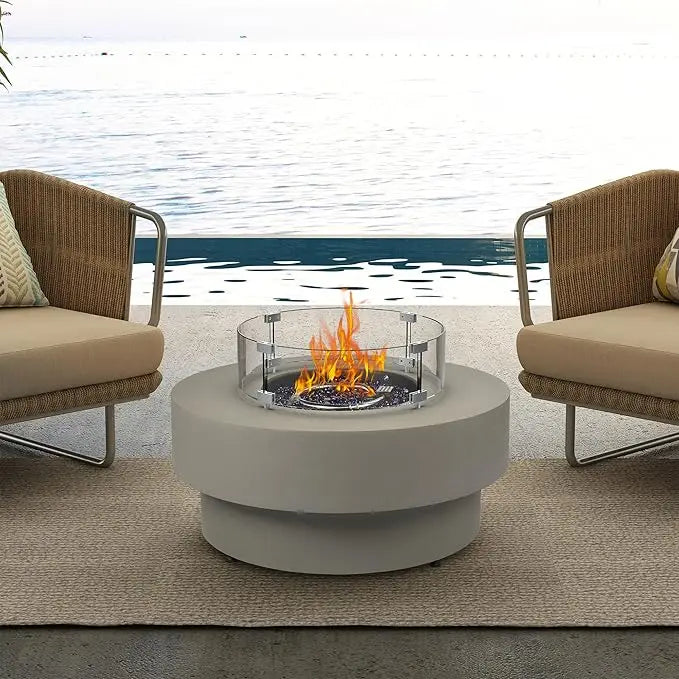 Propane Outdoor Fire Pit Table, Flint & Concrete Look. 32.5-inch Round Patio Propane Fire Table
