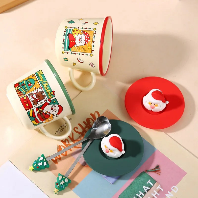Festive Christmas Themed Ceramic Coffee Mug with Lid & Spoon Holiday Gift Box