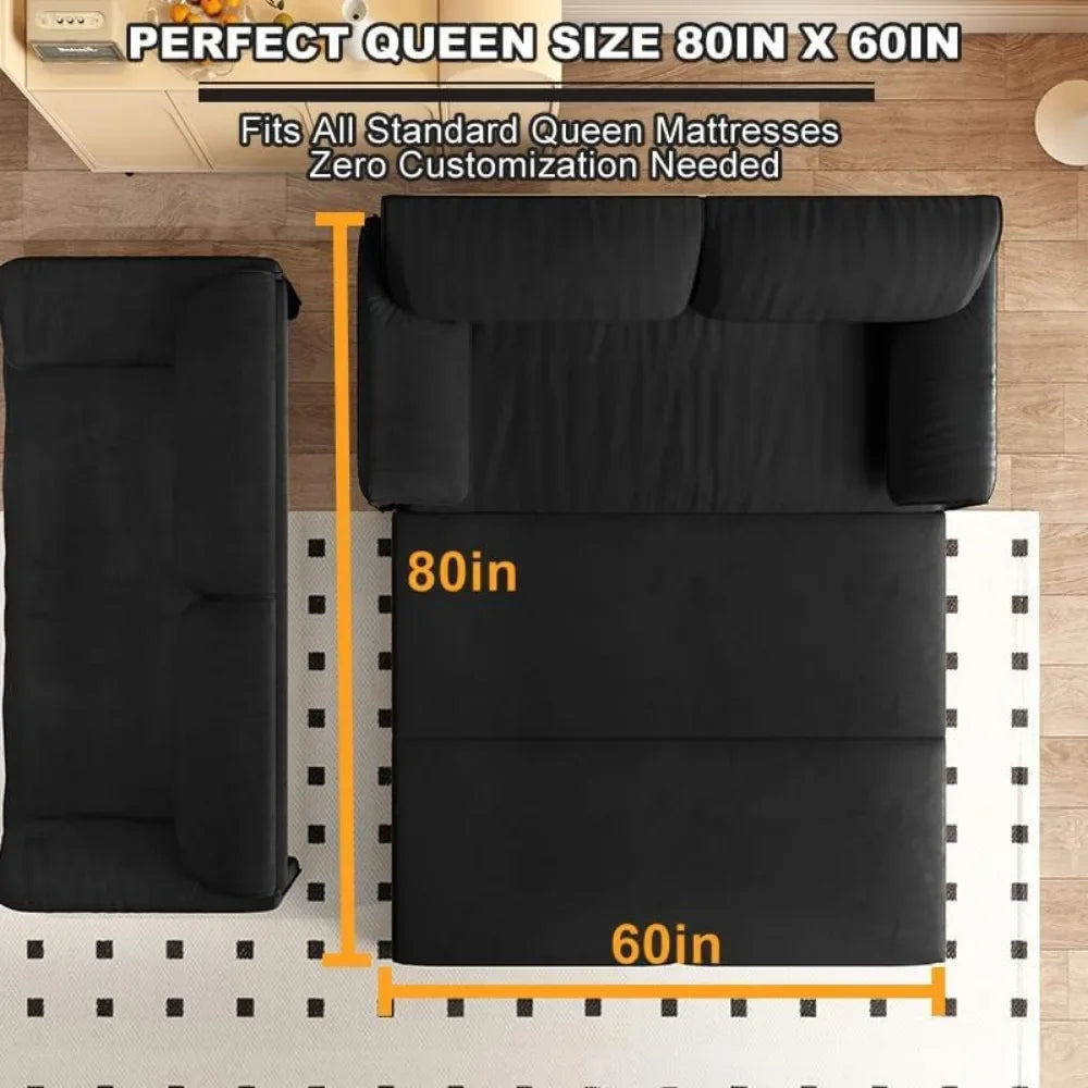 63.8" Futon Sofa Bed Queen Size, Pull Out Bed, 3-in-1 Convertible Sleeper Sofa with Side Pocket, Modern Velvet Futon Couch