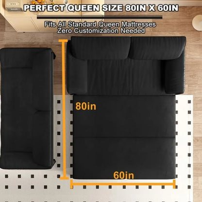 63.8" Futon Sofa Bed Queen Size, Pull Out Bed, 3-in-1 Convertible Sleeper Sofa with Side Pocket, Modern Velvet Futon Couch