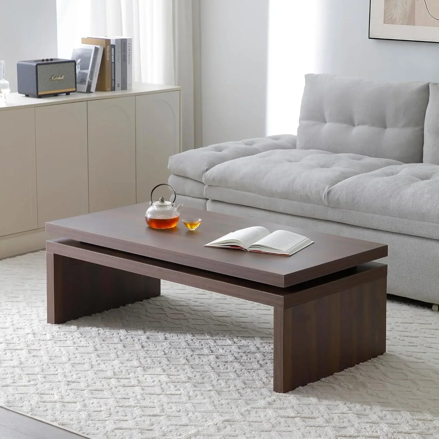 Wood Coffee Table, Mid Century Modern Simple Living Room Table, Farmhouse Rectangle Center Tables with Natural Solid Firwood