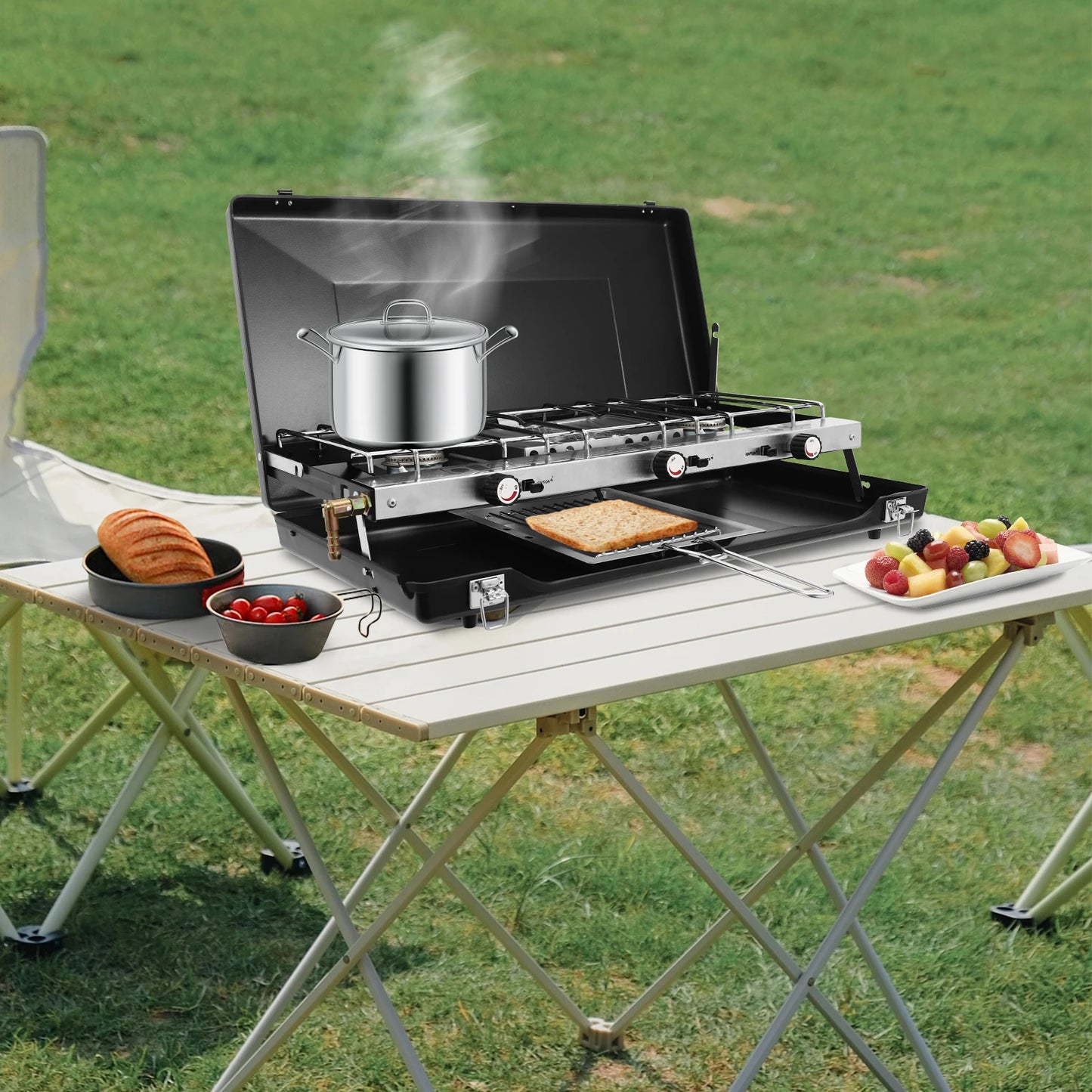 Outdoor Campfire Grill. 3-Burner Durable Cold-Rolled Steel Grill - Windproof Lid for Camping & Outdoor Cooking
