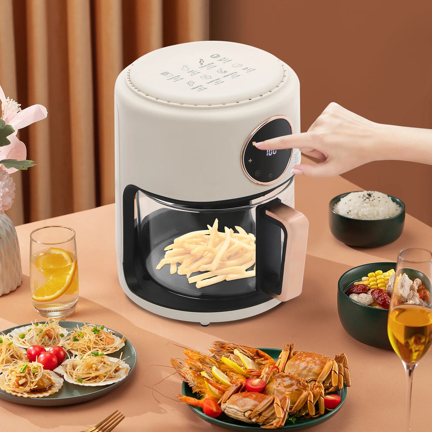 6-in-1 Functions Airy Fryer, 4.2L 1200W Glass Air Fryer, 360° Viewable, Digital Display, Adjustable Temp 80~200℃