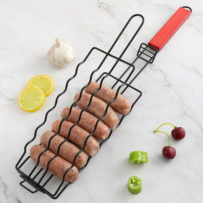 New Removable Hot Dog Grill With Wooden Handle. Sausage Grill Cage Portable Outdoor BBQ Rack