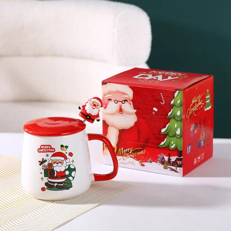 Christmas Themed Santa Reindeer Ceramic Coffee Mug with Lid and Spoon Perfect Holiday Gift