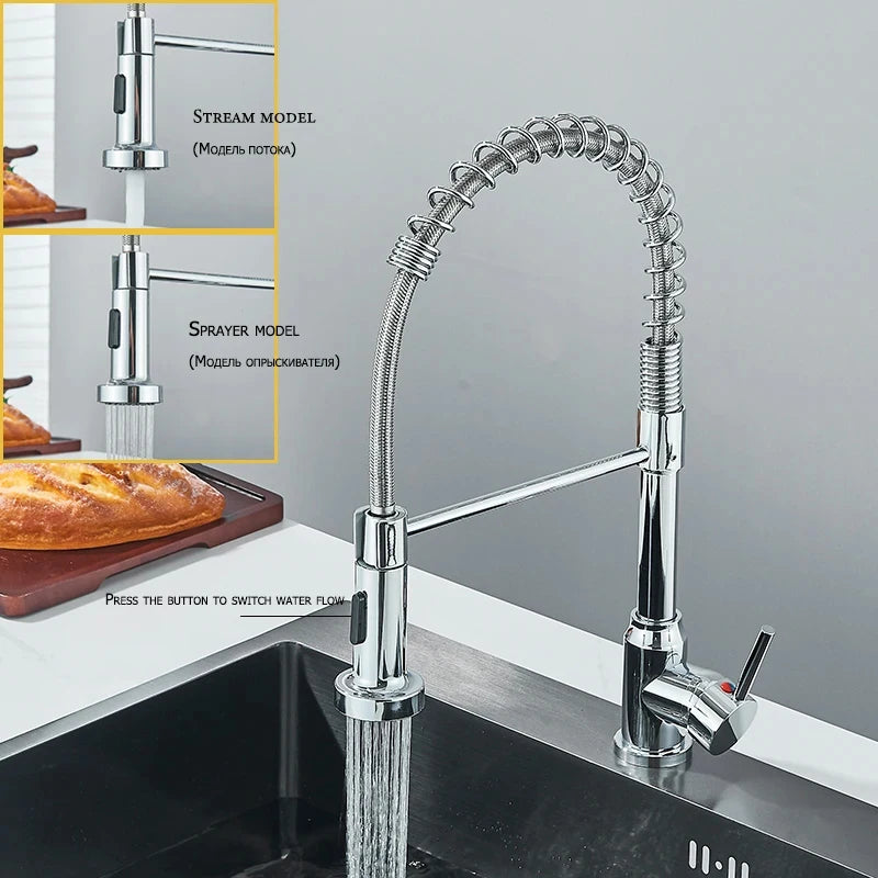 Spring Pull Down Kitchen Faucets Stream Spray Head with Hot & Cold Water