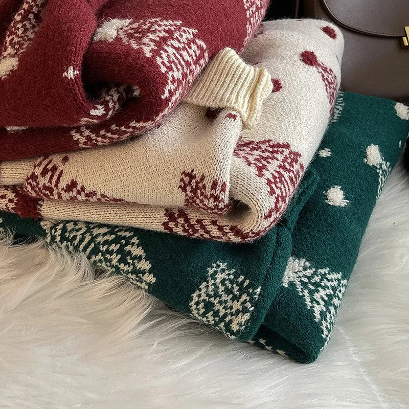 Women's Christmas Red Pullover Sweater Round Neck. Knit Casual Lazy Style New Year Top Contrast. Christmas Tree Autumn Winter 2025