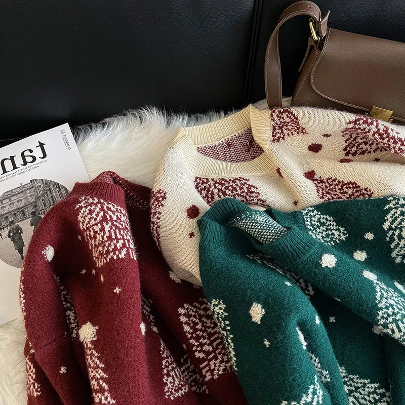 Women's Christmas Red Pullover Sweater Round Neck. Knit Casual Lazy Style New Year Top Contrast. Christmas Tree Autumn Winter 2025