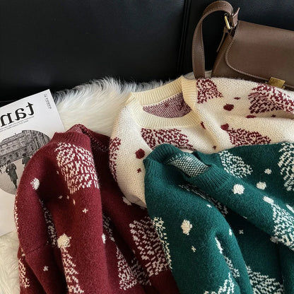 Women's Christmas Red Pullover Sweater Round Neck. Knit Casual Lazy Style New Year Top Contrast. Christmas Tree Autumn Winter 2025