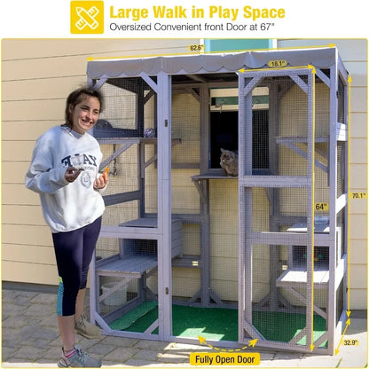 Outdoor Cat House Catio Wooden Kitty Enclosure with Extra Large Entry Door