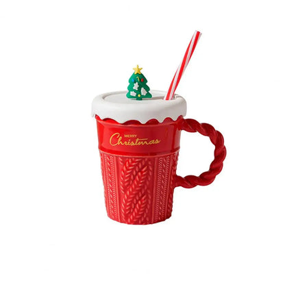 Christmas Themed Ceramic Mug Set with Lid & Straw for Coffee Lover