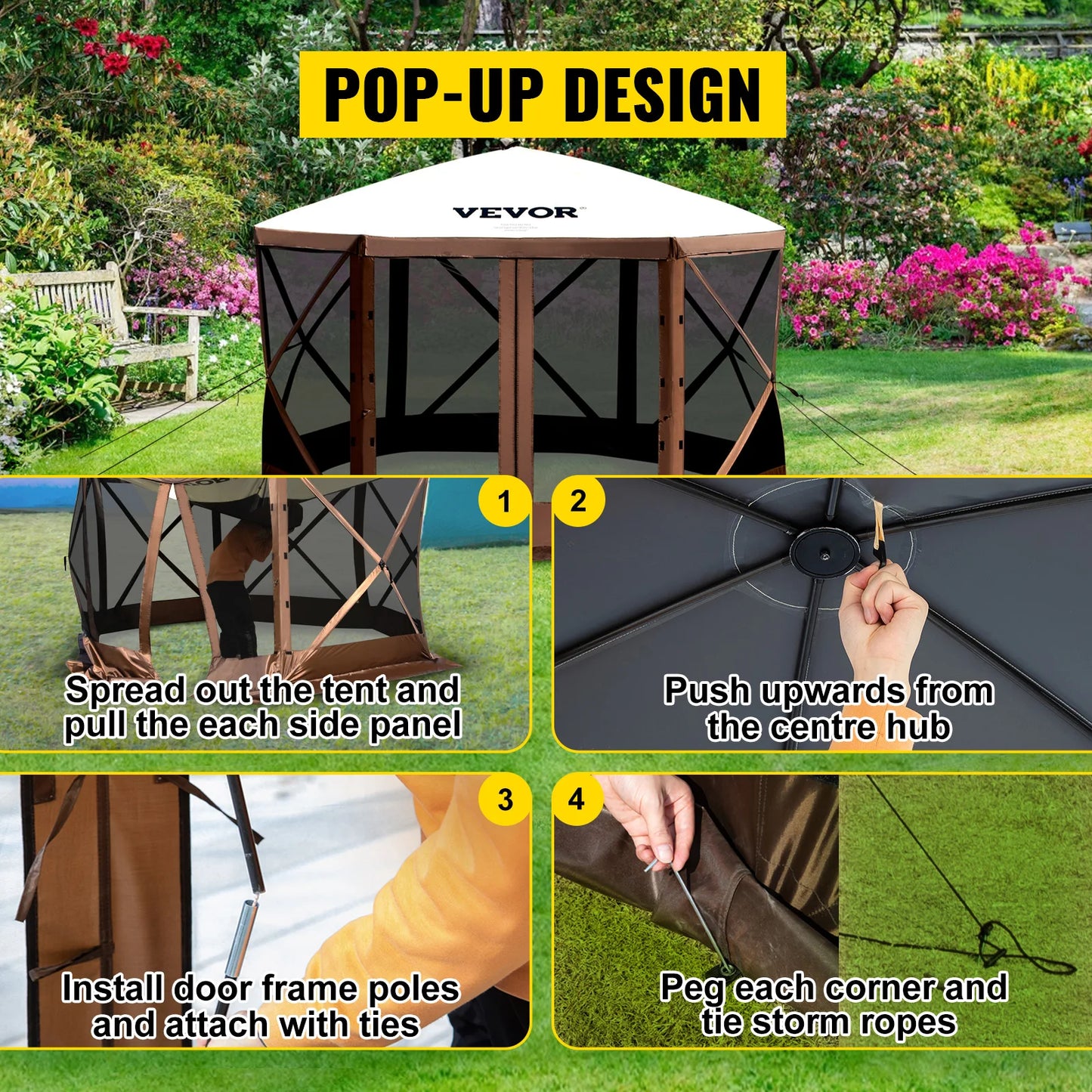 SucceBuy Pop-up Camping Gazebo Canopy Shelter 6 Sided 12' x 12' / 10' x 10' Sun Shade Tents & Canopies Camping & Hiking
