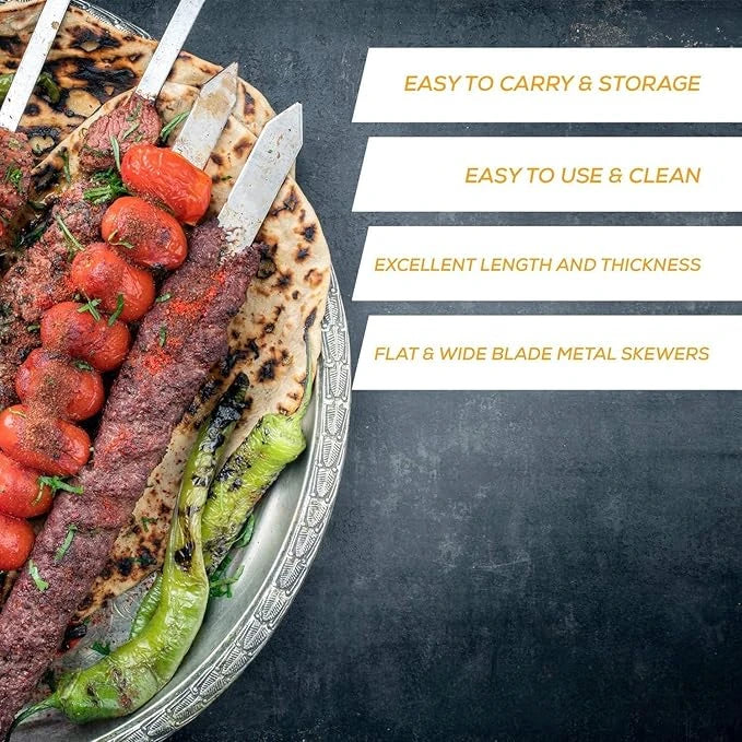 Wide Flat Barbecue Skewers. Stainless Steel Turkish Adana Flat and Paneer Tikka BBQ Kebab Skewers Perfect for Koobideh Kebab