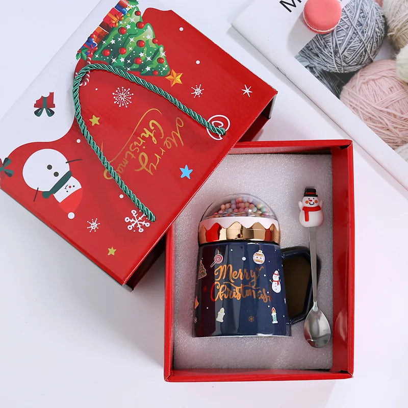 Christmas Mugs with lid and Santa Claus spoon Ceramic Cup for Home or Office.