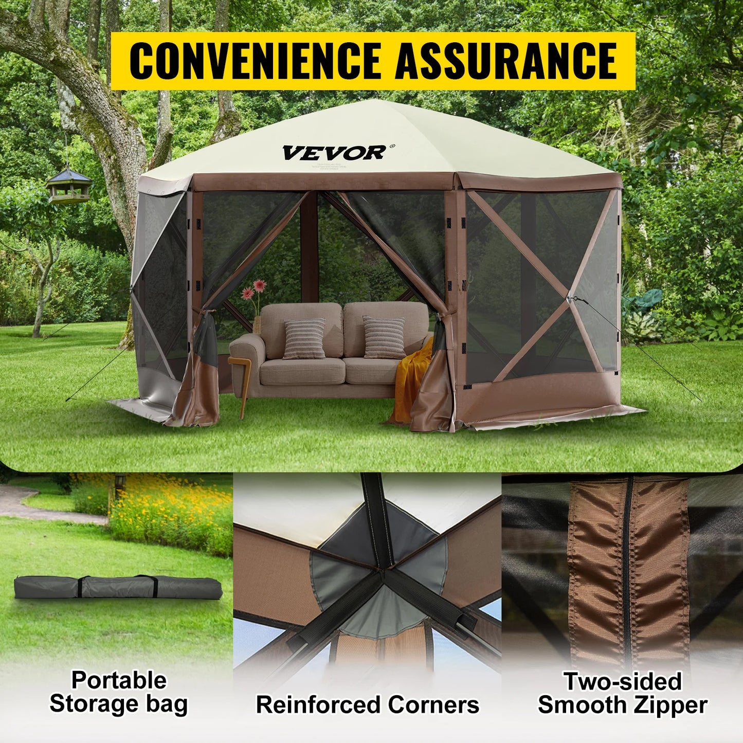 SucceBuy Pop-up Camping Gazebo Canopy Shelter 6 Sided 12' x 12' / 10' x 10' Sun Shade Tents & Canopies Camping & Hiking