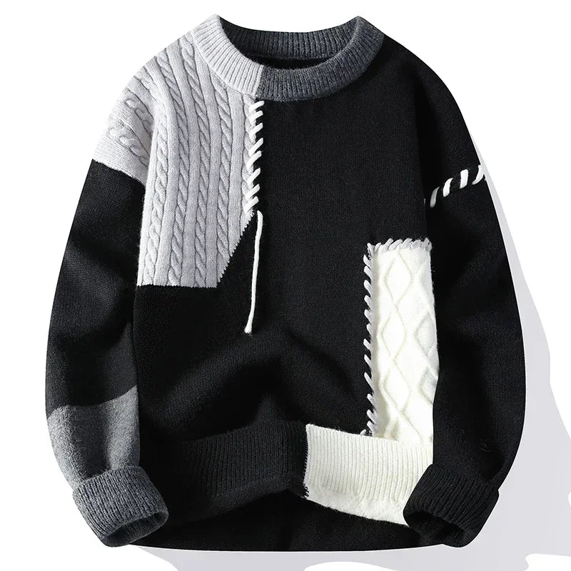 2025 Fall Winter Warm Men Sweaters, Korean Style with Patchwork Pullovers Round Neck Knitted Sweater