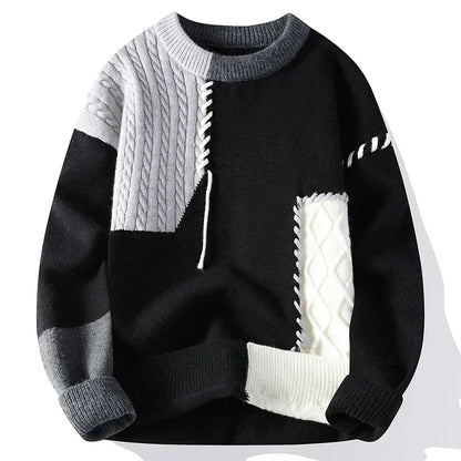 2025 Fall Winter Warm Men Sweaters, Korean Style with Patchwork Pullovers Round Neck Knitted Sweater