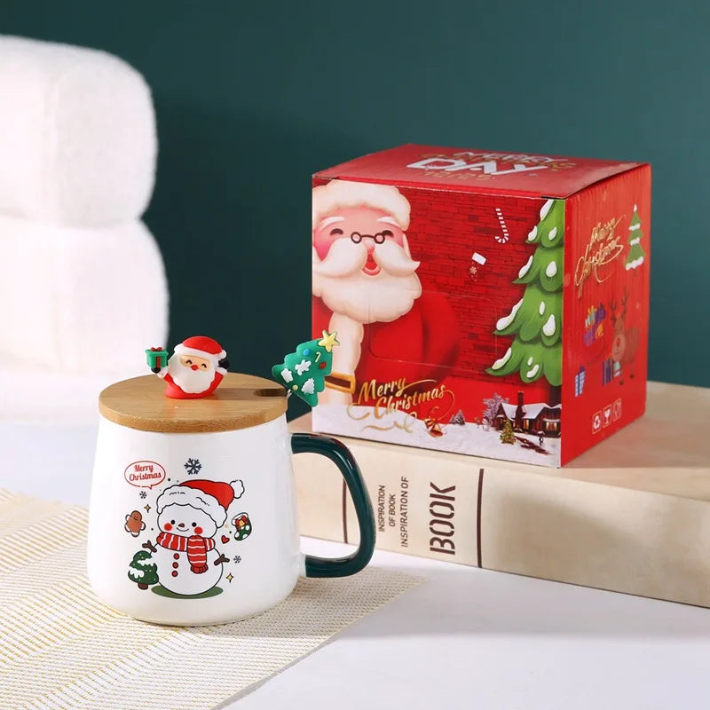 Christmas Themed Santa Reindeer Ceramic Coffee Mug with Lid and Spoon Perfect Holiday Gift