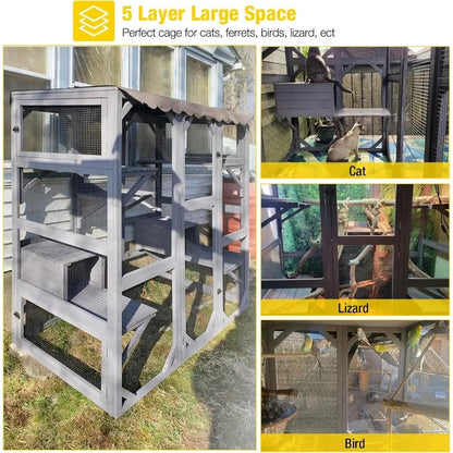 Outdoor Cat House Catio Wooden Kitty Enclosure with Extra Large Entry Door