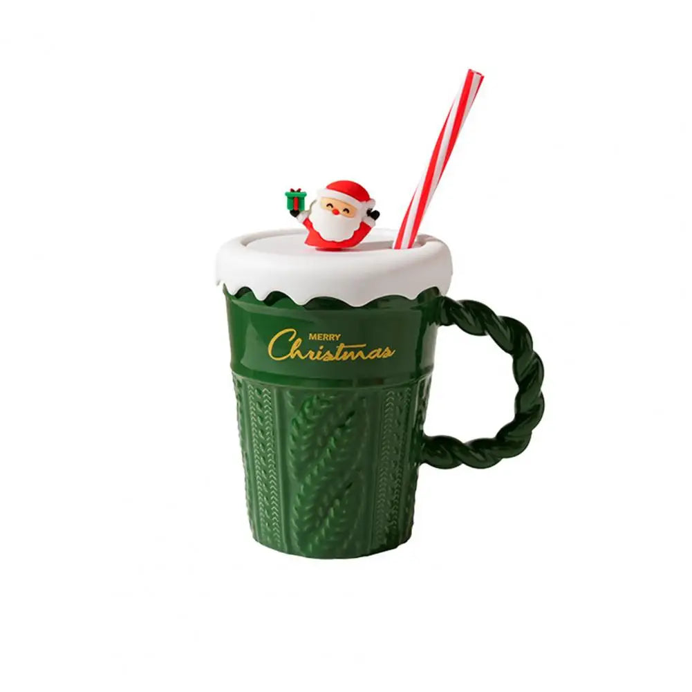 Christmas Themed Ceramic Mug Set with Lid & Straw for Coffee Lover