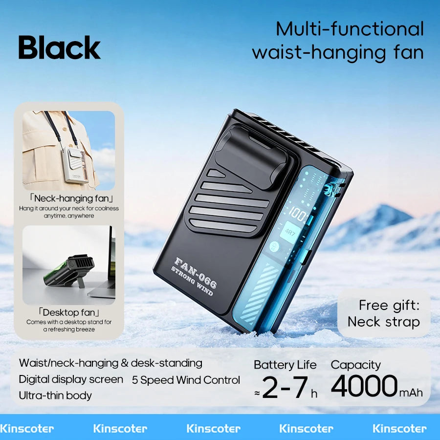 New Outdoor Hanging Waist Fan 4000mAh USB Multi-functional Mini Cooling Fan with 5 Level Fan Speed