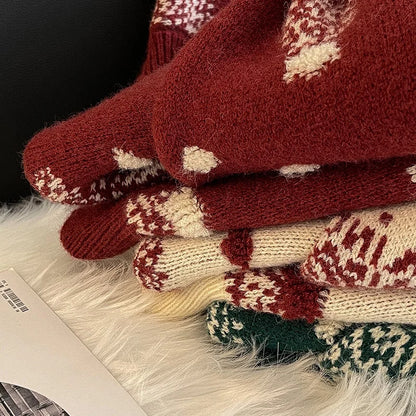 Women's Christmas Red Pullover Sweater Round Neck. Knit Casual Lazy Style New Year Top Contrast. Christmas Tree Autumn Winter 2025