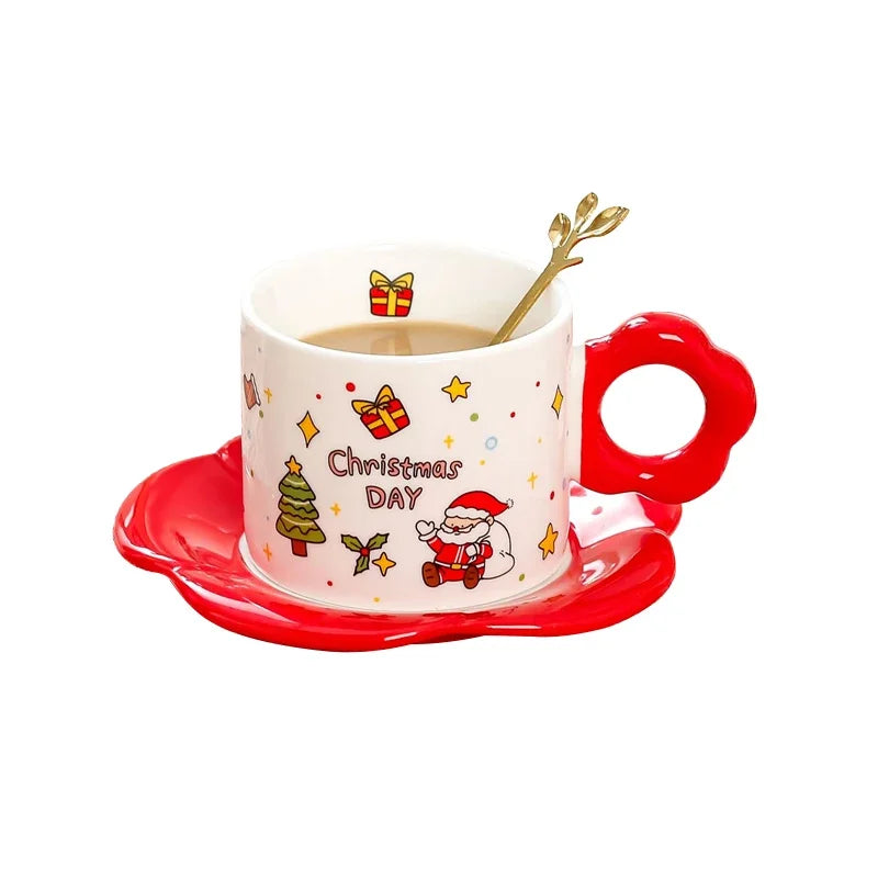Ceramic Cup Saucer Set with Spoon Christmas Themed Coffee Cup, Perfect for Gift & Present