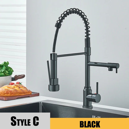 Black Kitchen Sink Faucet, Pull Down Hot and Cold Water Mixer, 2 Mode Tap with Dual Spout 360 Rotation Flexible Deck Mounted