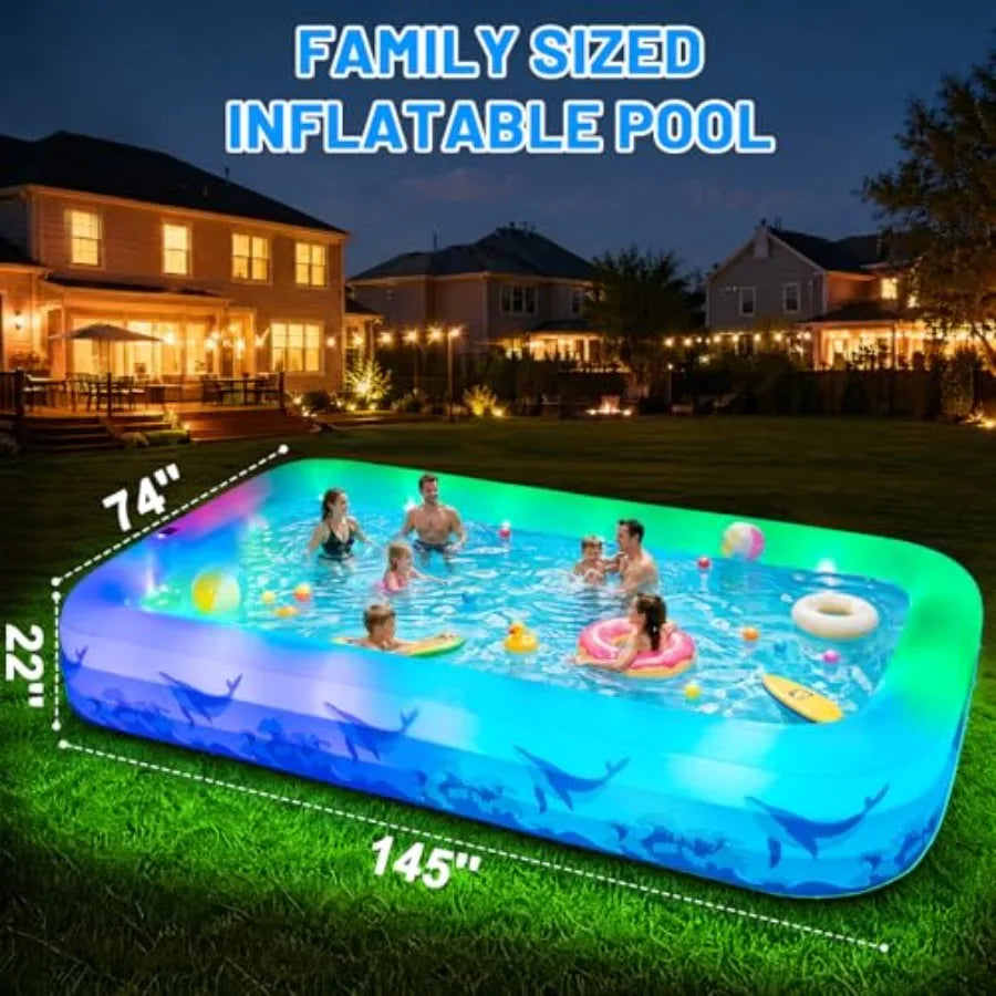 Backyard outdoor inflatable swimming pool for kids and adults, durable thickened PVC, multicolor 7-color LED light,solar-powered