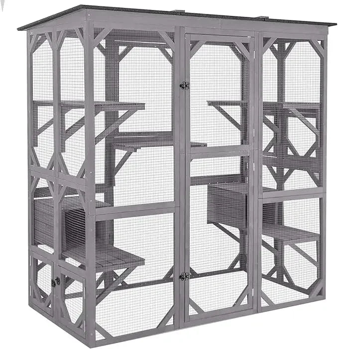 Outdoor Cat House Catio Wooden Kitty Enclosure with Extra Large Entry Door