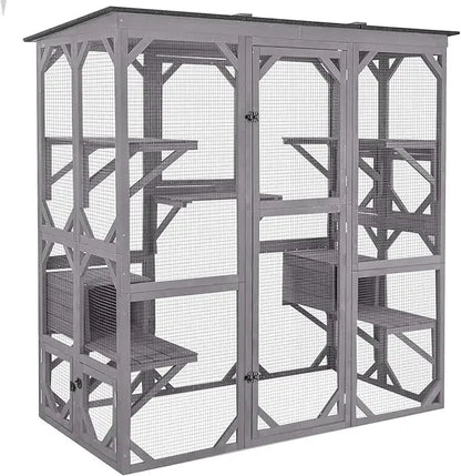 Outdoor Cat House Catio Wooden Kitty Enclosure with Extra Large Entry Door