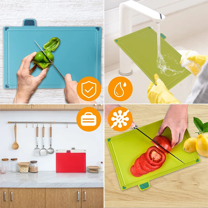 4Pcs Color-Coded Plastic Cutting Board Set with Storage Stand & Slip-Resistant Design