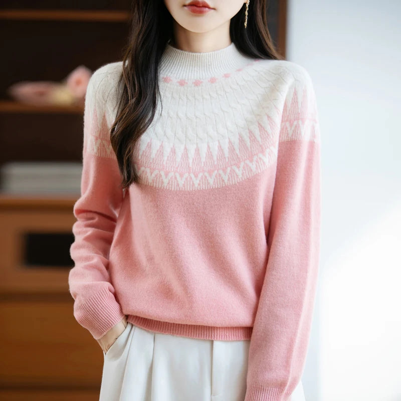 Autumn/Winter New Half High Neck Sweater 100% Wool Knitted Vintage Look. Loose Fit Christmas Red Sweaters Chic Streetwear for Women