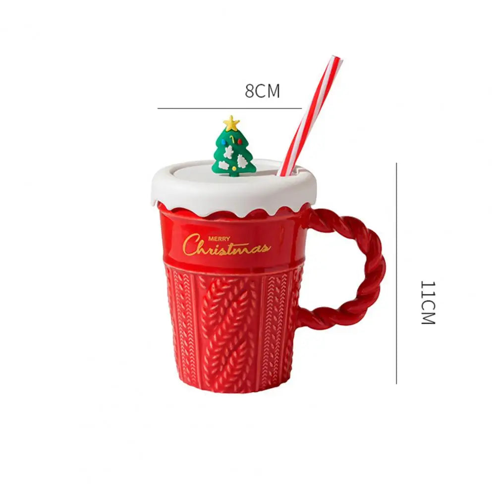 Christmas Themed Ceramic Mug Set with Lid & Straw for Coffee Lover