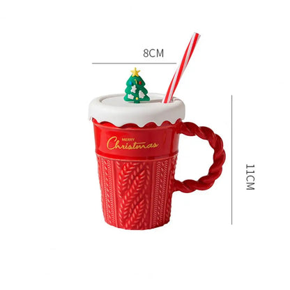 Christmas Themed Ceramic Mug Set with Lid & Straw for Coffee Lover