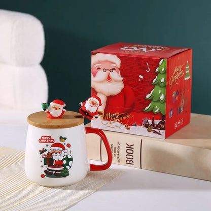 Christmas Themed Santa Reindeer Ceramic Coffee Mug with Lid and Spoon Perfect Holiday Gift