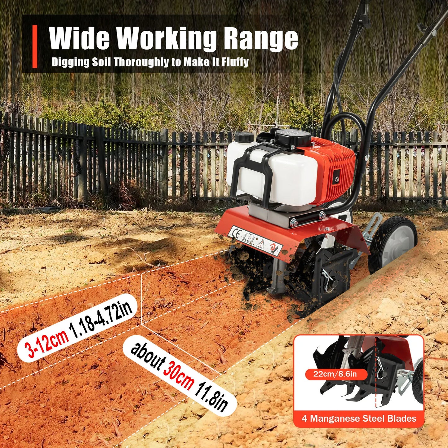 52CC 1700W Gasoline Garden Tiller, Cordless 2-stroke Air-Cooled Cultivator Rotary for Trenching Loosening