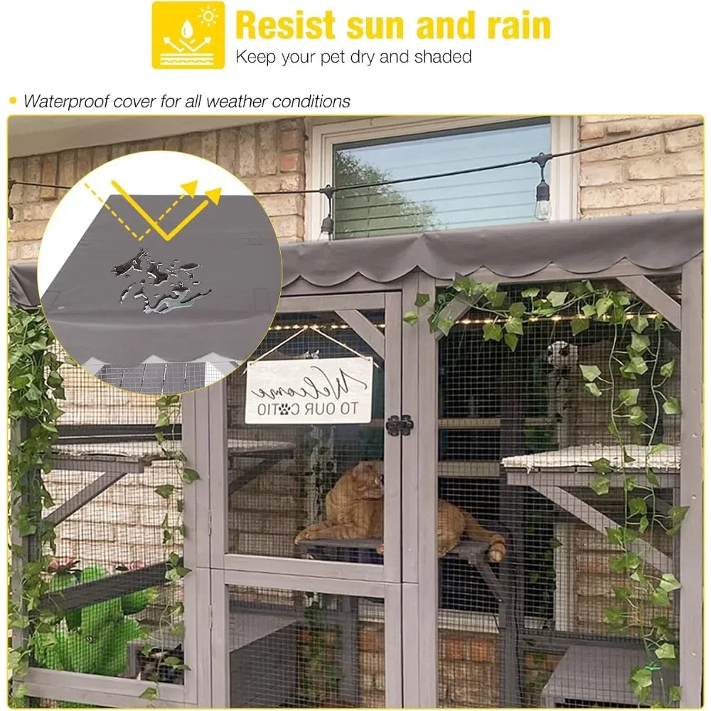 Outdoor Cat House Catio Wooden Kitty Enclosure with Extra Large Entry Door