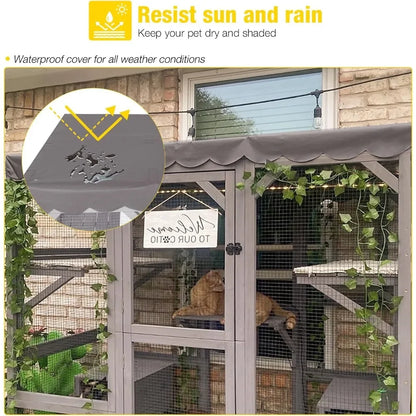 Outdoor Cat House Catio Wooden Kitty Enclosure with Extra Large Entry Door
