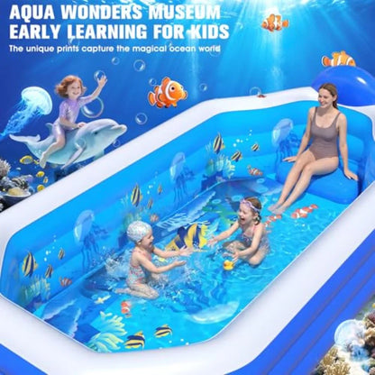 Backyard inflatable pool for kids and adults, PVC blue ocean-themed, oversized thickened 118x75x22, includes canopy for Sun shade protection