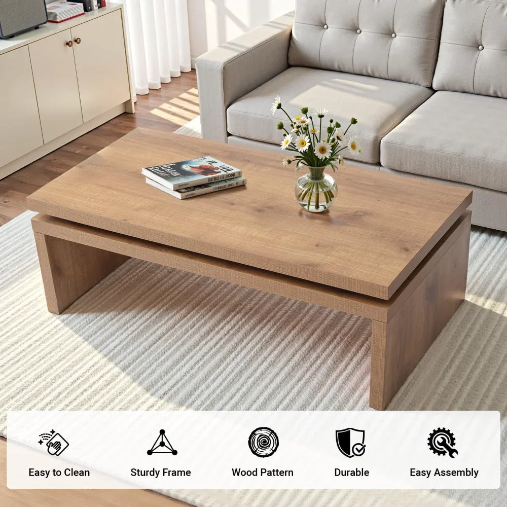 Wood Coffee Table, Mid Century Modern Simple Living Room Table, Farmhouse Rectangle Center Tables with Natural Solid Firwood