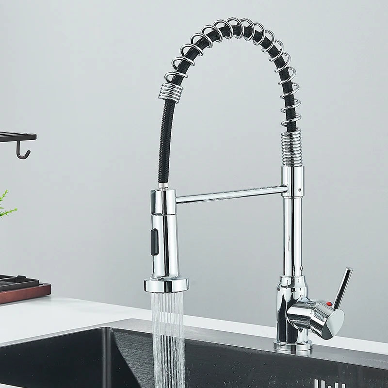 Spring Pull Down Kitchen Faucets Stream Spray Head with Hot & Cold Water