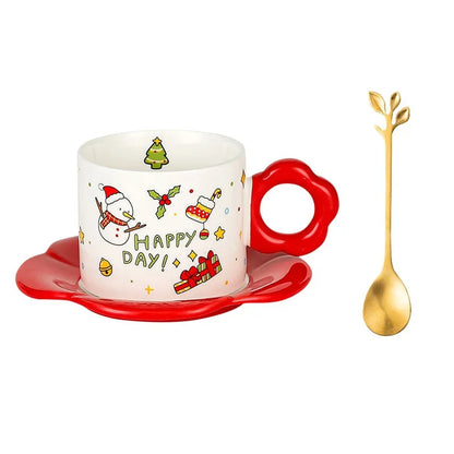 Ceramic Cup Saucer Set with Spoon Christmas Themed Coffee Cup, Perfect for Gift & Present