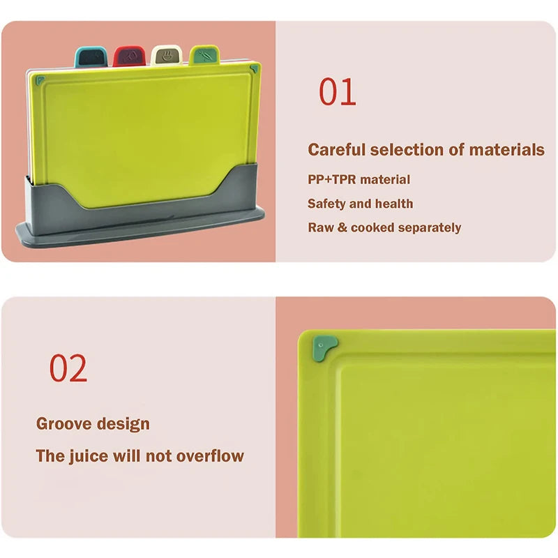 4Pcs Color-Coded Plastic Cutting Board Set with Storage Stand & Slip-Resistant Design