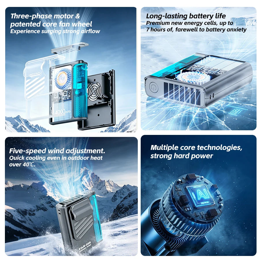 New Outdoor Hanging Waist Fan 4000mAh USB Multi-functional Mini Cooling Fan with 5 Level Fan Speed