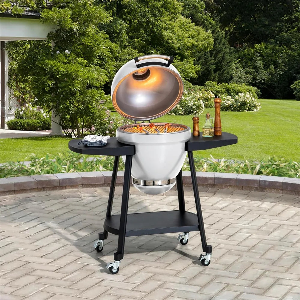 20-Inch Sunjoy Outdoor Kamado Egg Grill with Pizza Stone, Portable BBQ and Smoker in White