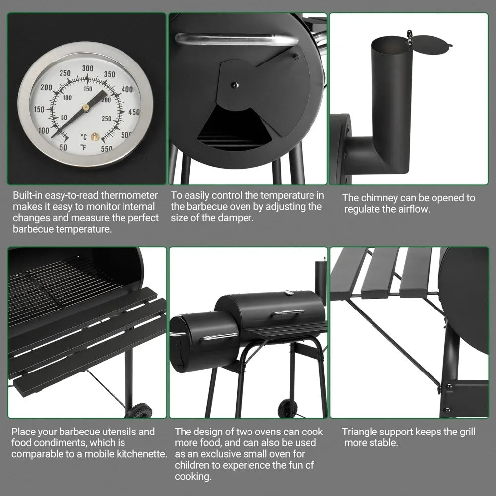 Large Outdoor BBQ Smoker Grill with Offset Smoker and Wheels for Backyard and Patio Parties