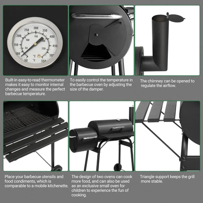 Large Outdoor BBQ Smoker Grill with Offset Smoker and Wheels for Backyard and Patio Parties